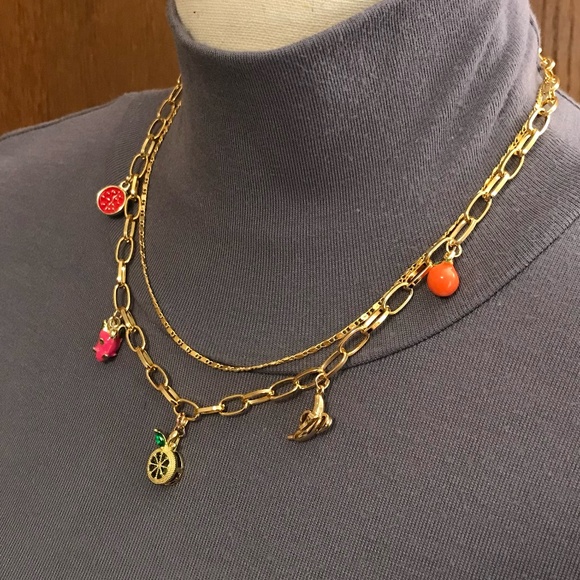 "Fruit Stand" Handmade 2-Layer Gold Charm Necklace with Tropical Fruit Charms - Picture 4 of 15